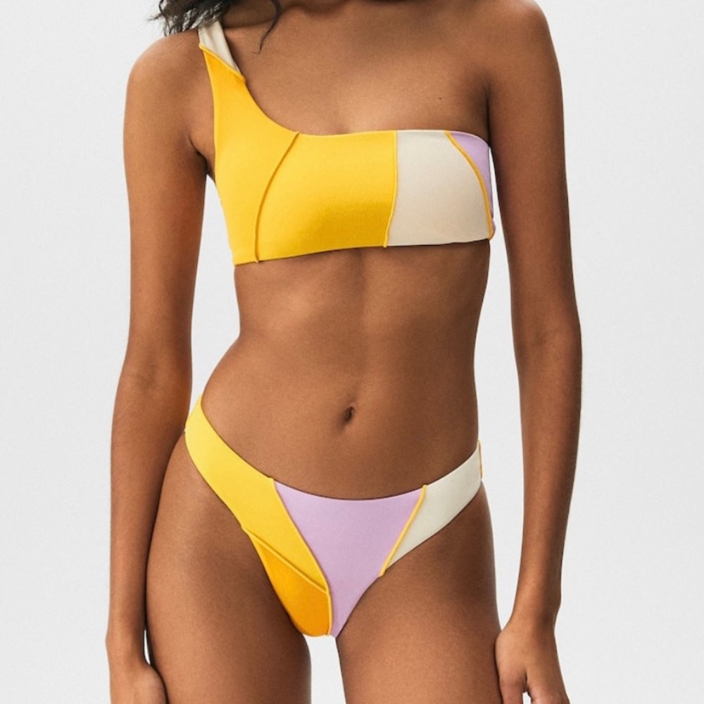 Pull and Bear one shoulder patchwork bikini